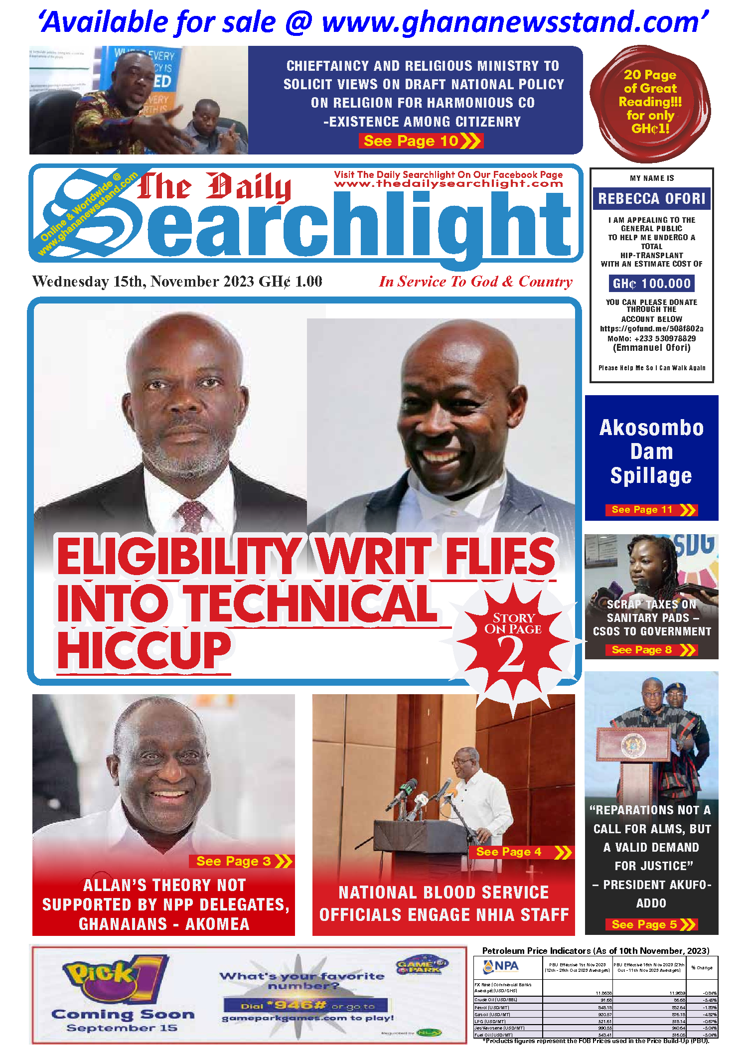 Daily Searchlight, Wednesday 15th, November 2023 – Ghana News Stand